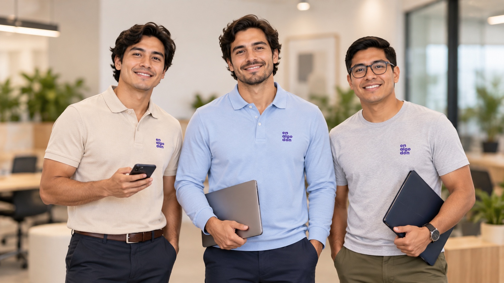 Equipo de hombres con polos corporativos en una oficina