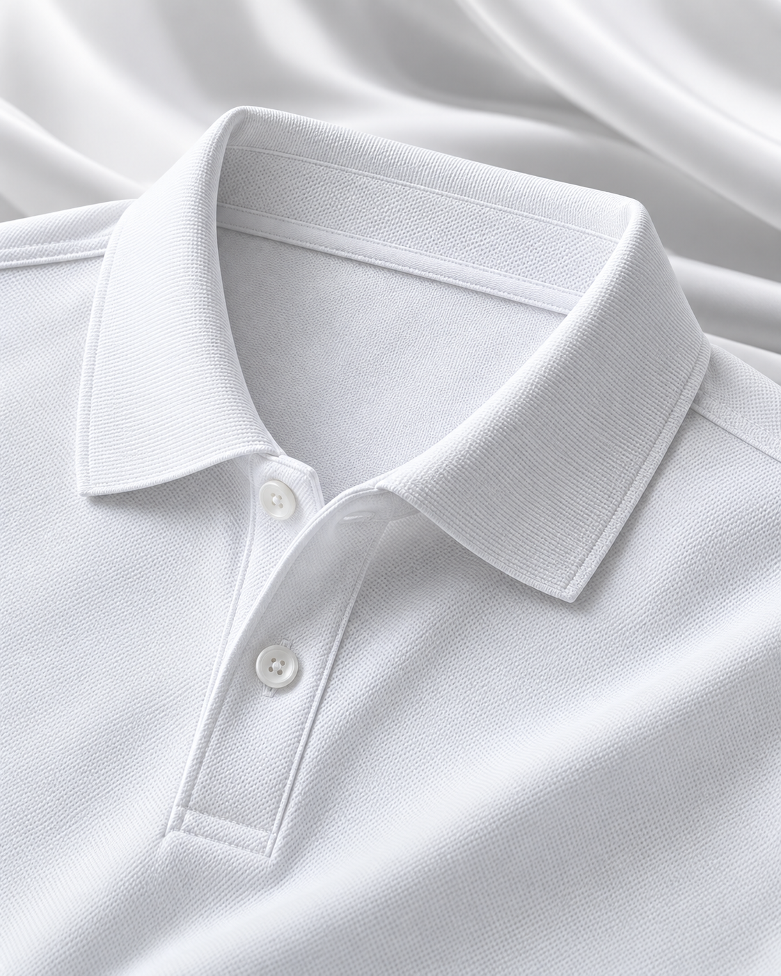 Detalle cercano del cuello y textura de un polo blanco premium