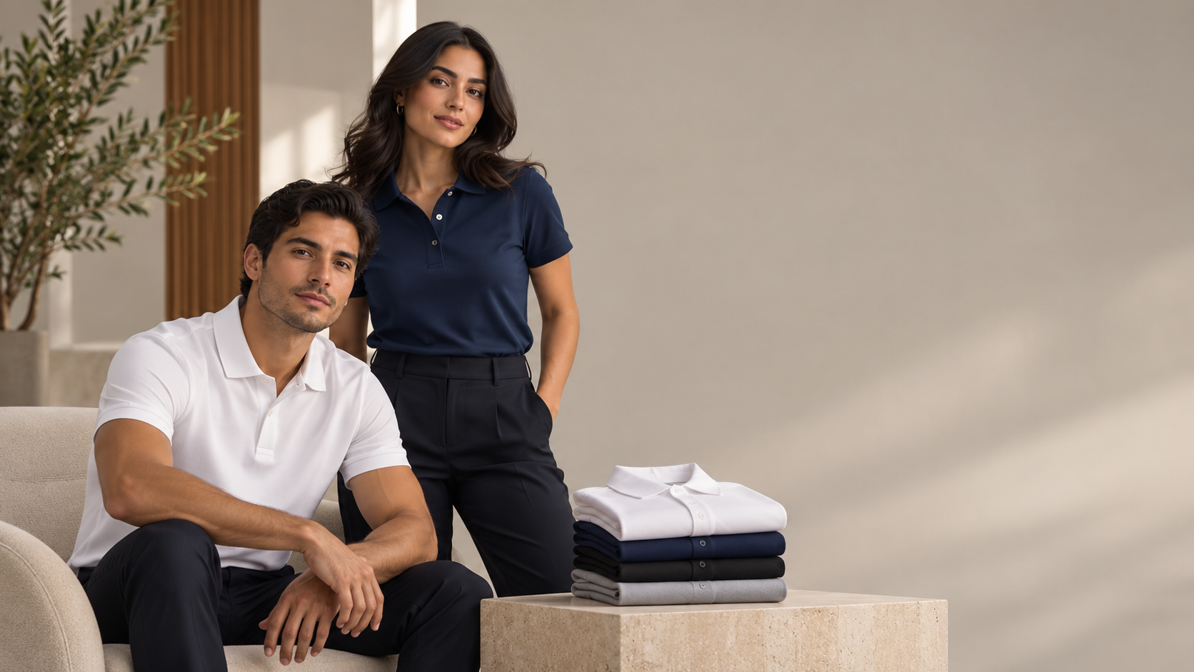 Hombre con polo blanco y mujer con polo azul marino junto a polos doblados