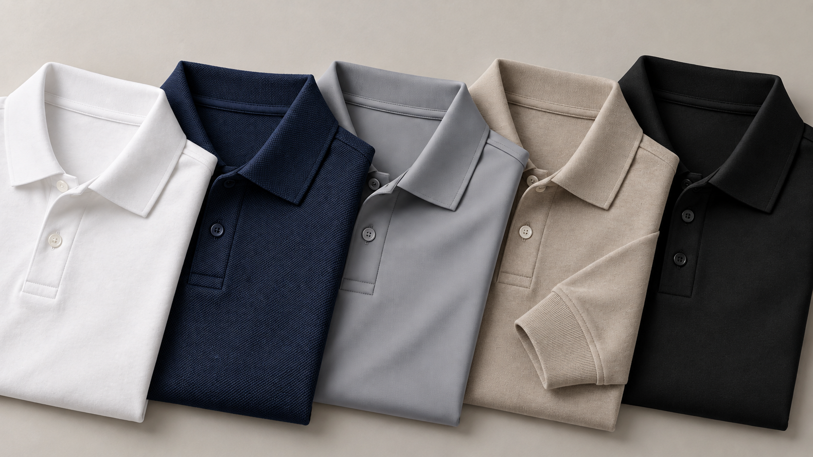Polos corporativos doblados en blanco, azul marino, gris, beige y negro
